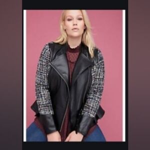 NWOT Lane Bryant Women's Black and Gray Tweed and Faux Leather Peplum Jacket